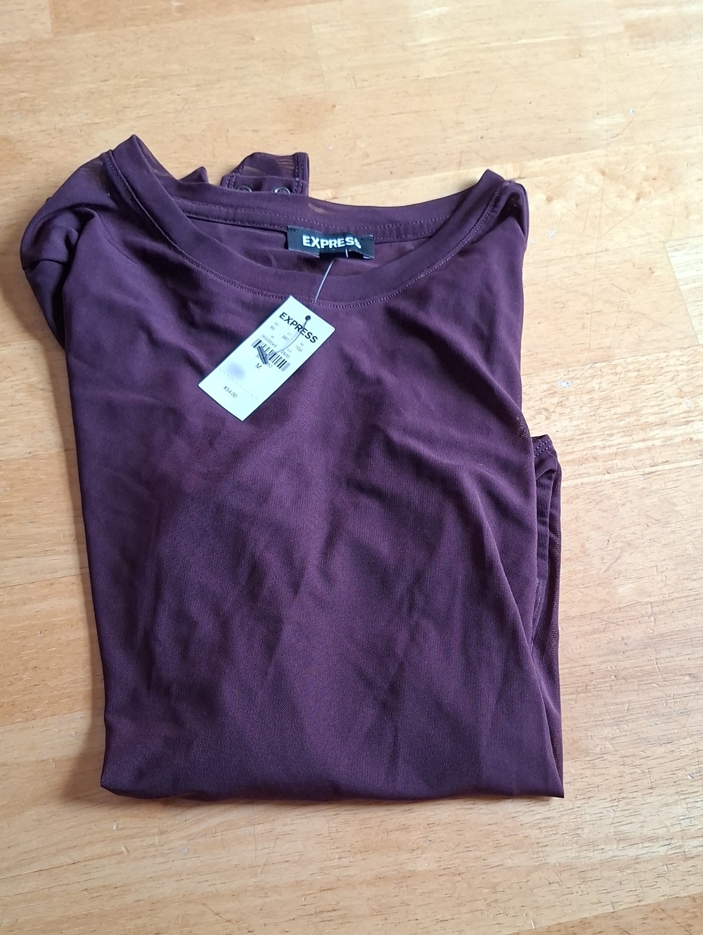 Express Sheer Long Sleeve Crew Neck Bodysuit in Plum, Medium, NWT